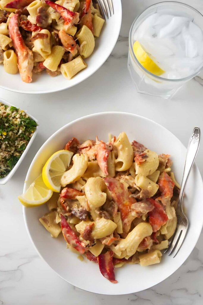 Creamy lobster pasta in white bowls, lemon wedges, salad, and iced water.