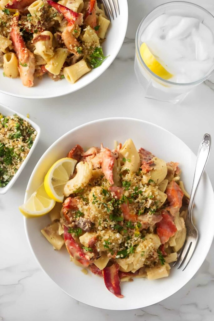 Two bowls of pasta with lobster and herbs, lemon wedges, and ice water.