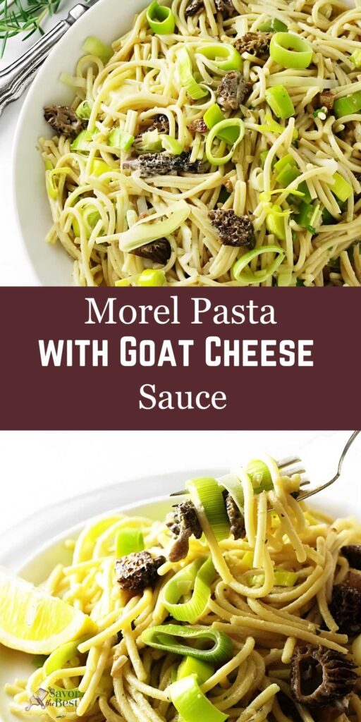 Spaghetti with morel mushrooms, goat cheese sauce, and herbs on a white plate.