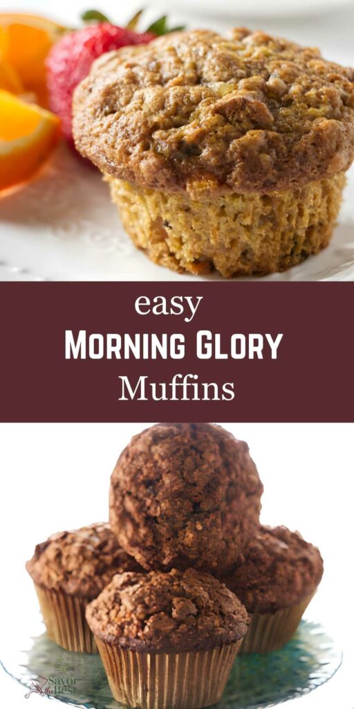 Morning glory muffin on plate with fruit, text above three stacked muffins.