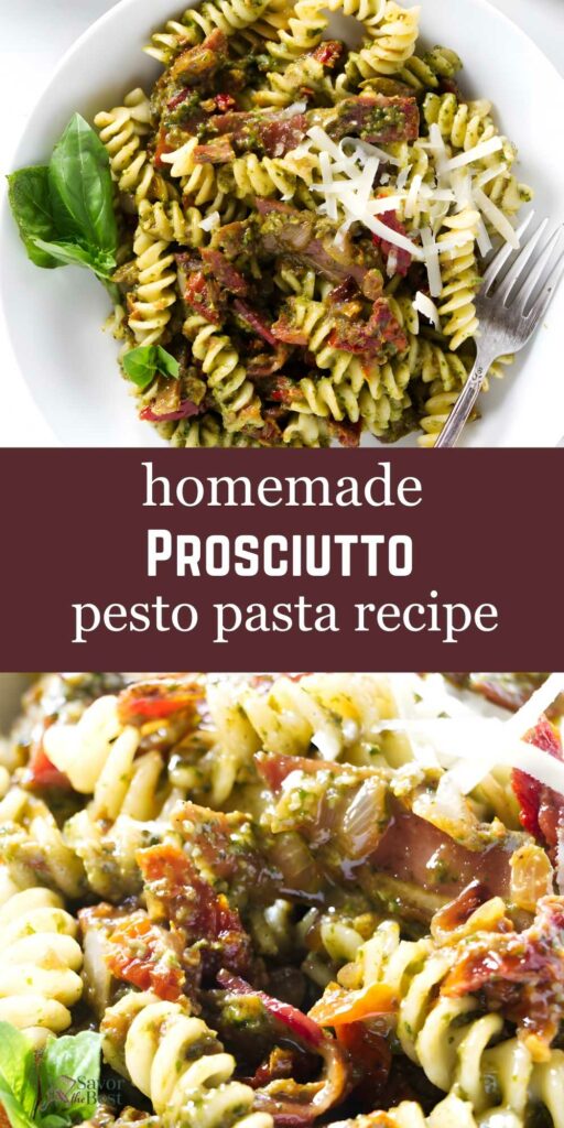 Bowl of rotini pasta with pesto, prosciutto, sun-dried tomatoes, and parmesan.