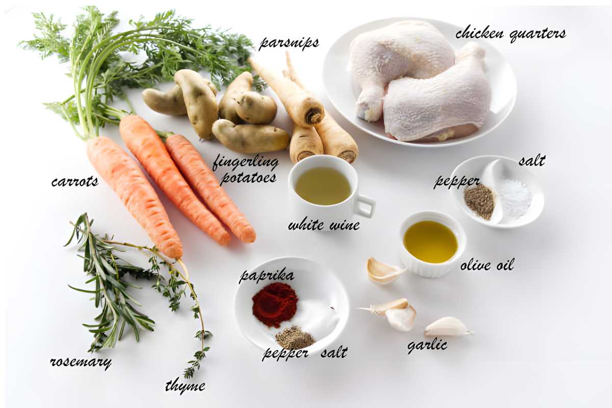Labeled chicken, root vegetables, potatoes, wine, oil, and seasonings on white surface.