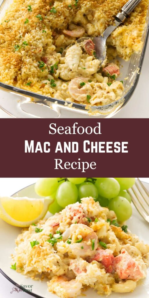 Seafood mac and cheese in a glass dish with garnishes and serving spoon.