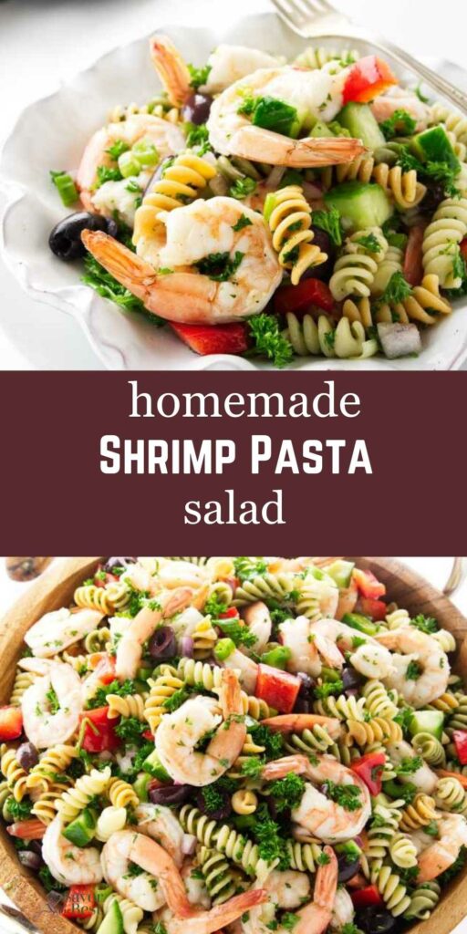 Bowl and plate with shrimp pasta salad, text reads homemade shrimp pasta salad.