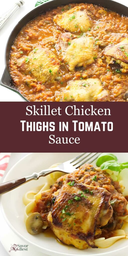 Golden-brown chicken thighs in tomato sauce, served over pasta with herbs.