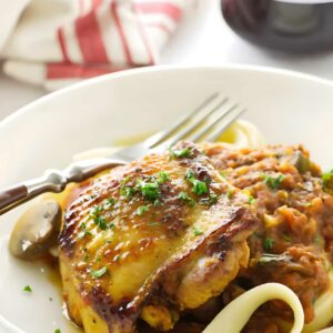 Roasted chicken thigh on pasta with herbs and tomato sauce.