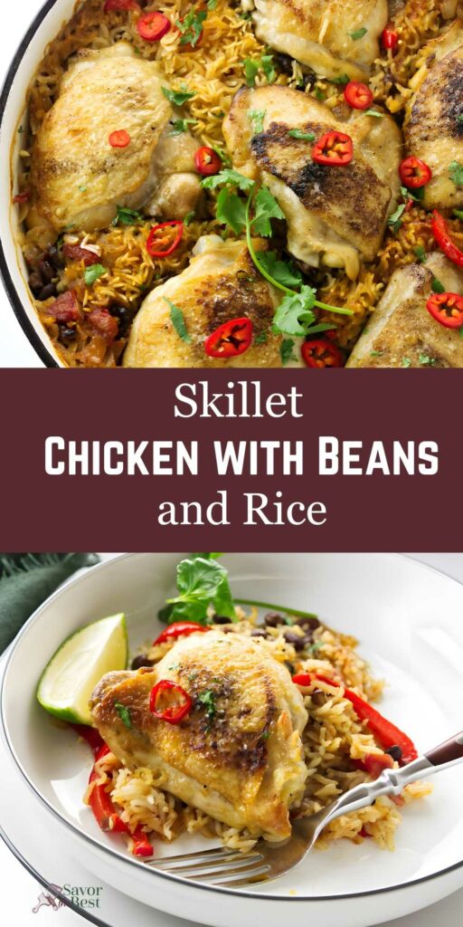 Top-down view of skillet with chicken thighs, rice, beans, and a plated serving.