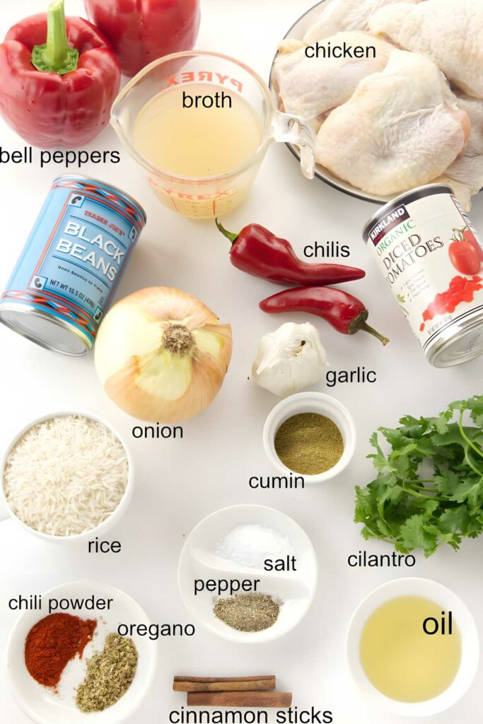 A top view of assorted labeled ingredients for a chicken and rice dish.