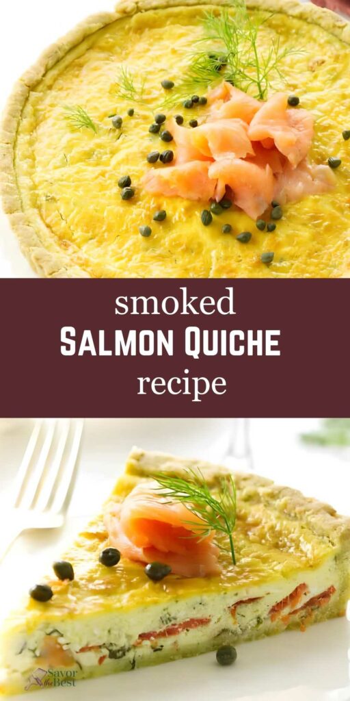 Smoked salmon quiche with dill and capers, slice showing layered filling.