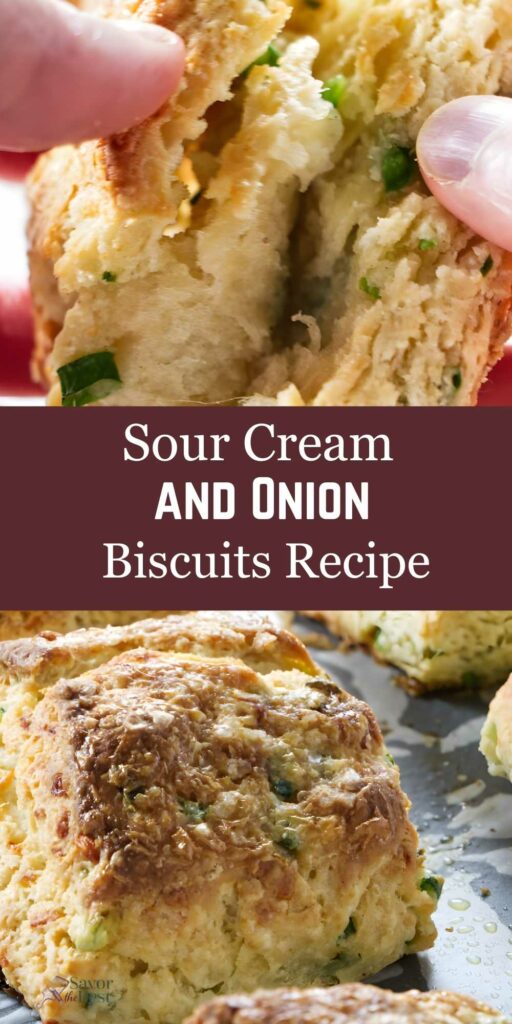 Hands breaking biscuit over tray of sour cream and onion biscuits; recipe title visible.