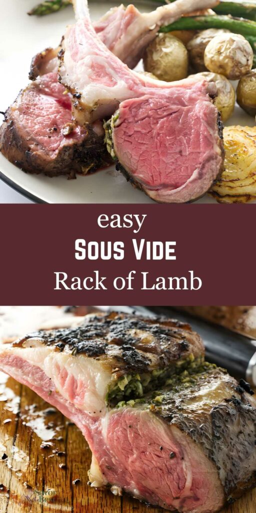 Medium-rare rack of lamb with potatoes and asparagus, text: easy Sous Vide Rack of Lamb.