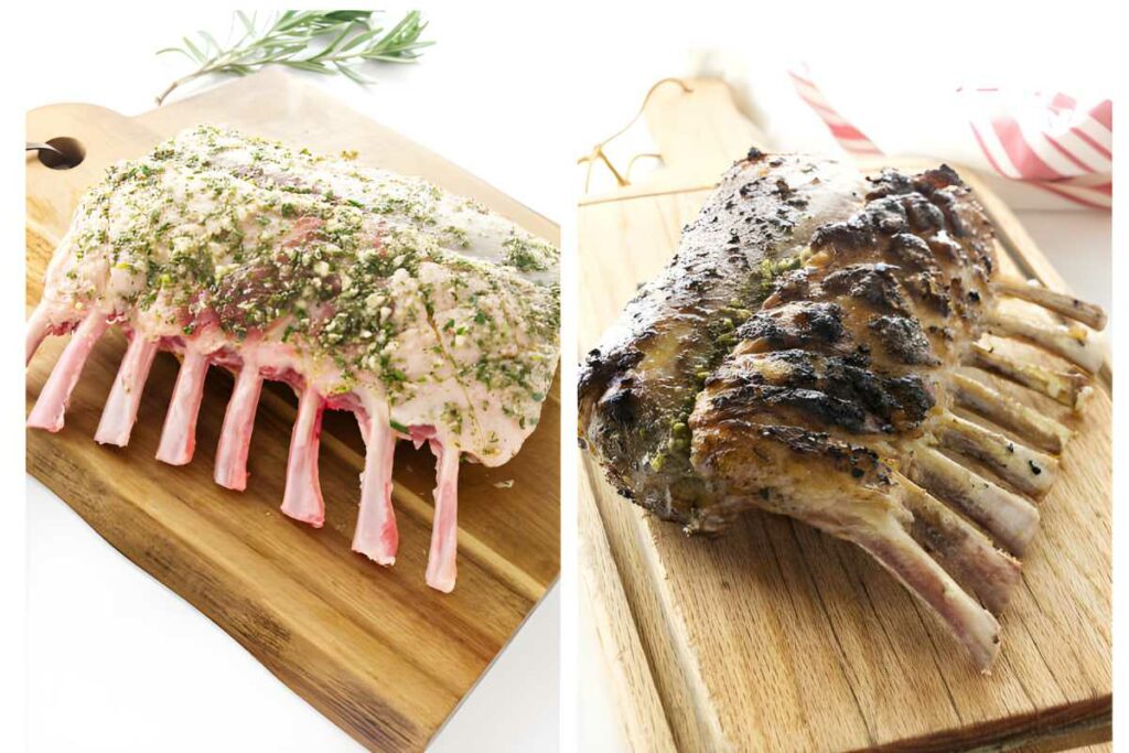 Raw and cooked rack of lamb side by side on wooden board.