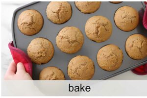 Person with red oven mitts holds muffin tin of fresh muffins; "bake" below.