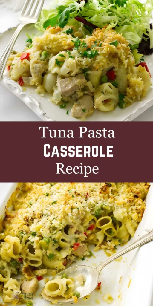 Tuna pasta casserole with golden topping plated by salad; partial casserole in dish.