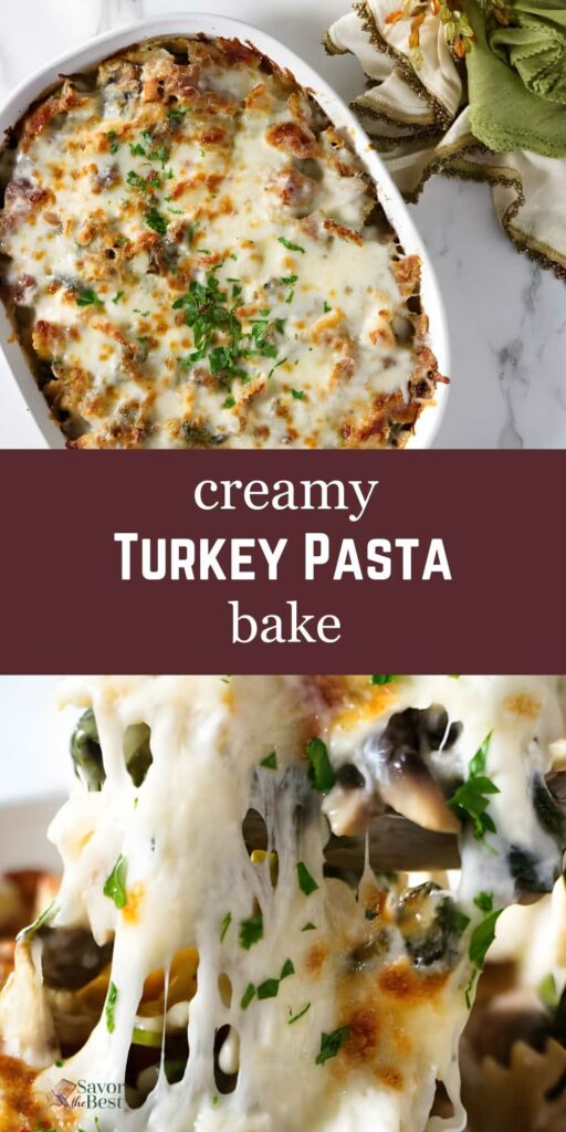 Baked turkey pasta with melted cheese and parsley in a white casserole.