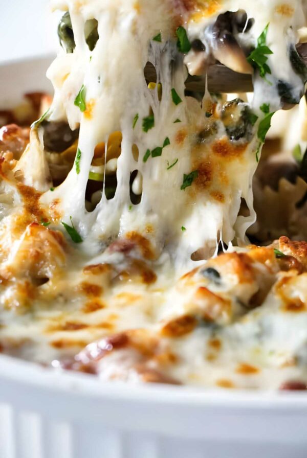 Cheesy baked pasta being served, with melted cheese and chopped herbs.