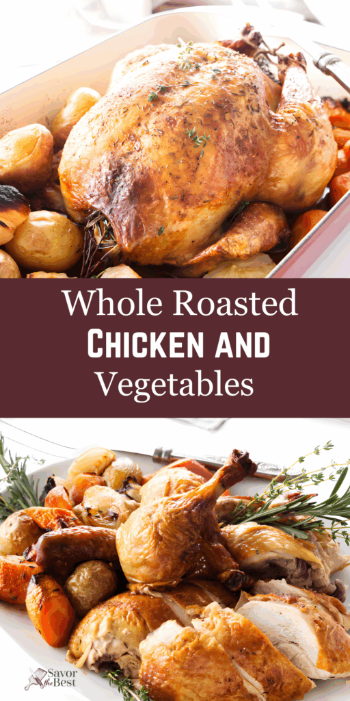 Whole roasted chicken with crispy skin, potatoes, carrots, and herbs in a pan.
