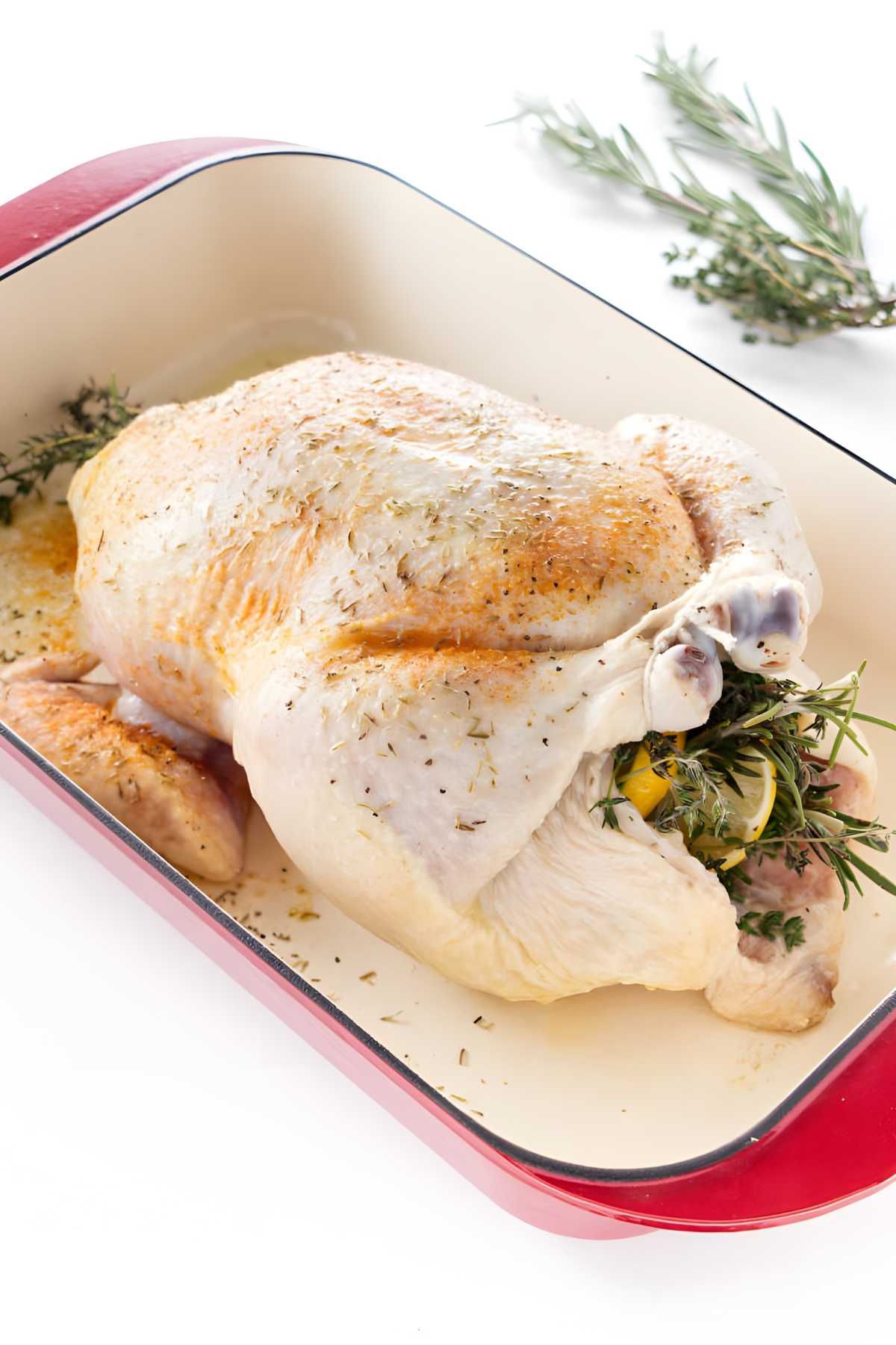 Seasoned whole chicken with lemon and herbs in red roasting pan.