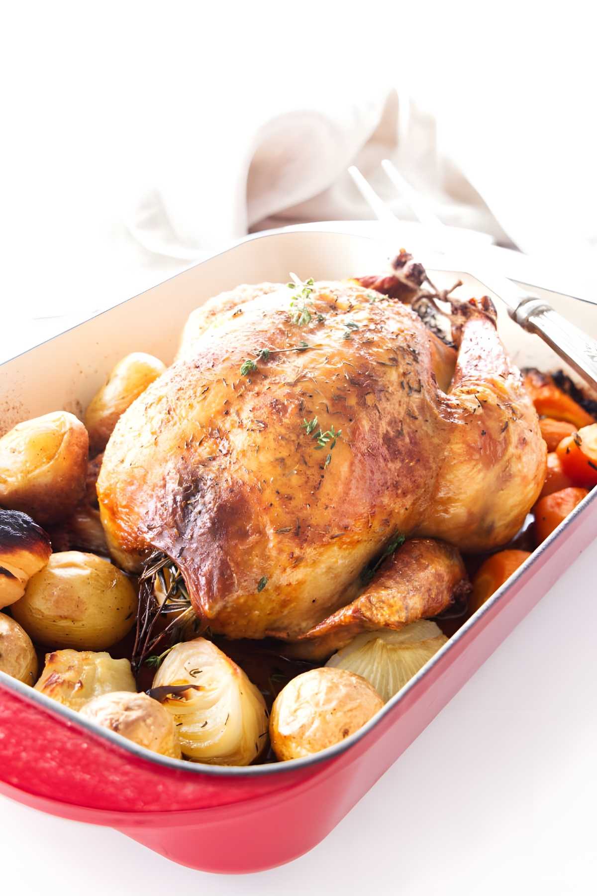 Golden roasted whole chicken with herbs and vegetables in a red baking dish.