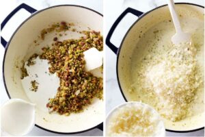 Adding cream then cheese to pistachio pasta sauce in a skillet.