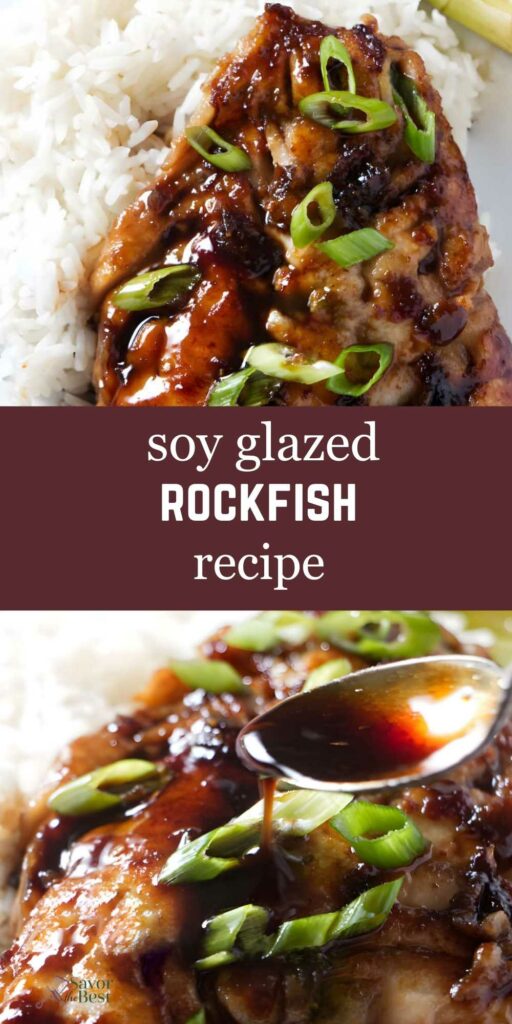 Drizzling soy glaze over a pan seared rock fish.