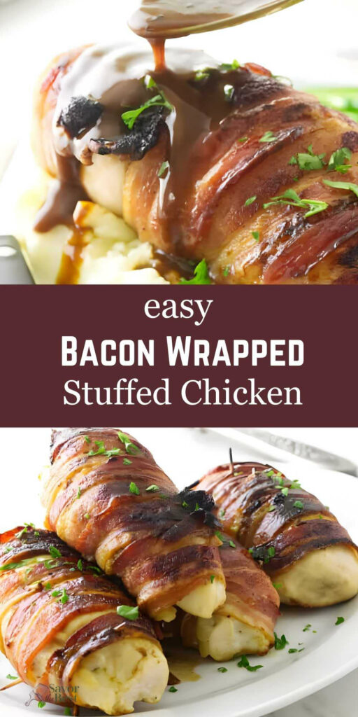 Drizzling gravy over a chicken breast wrapped in bacon.