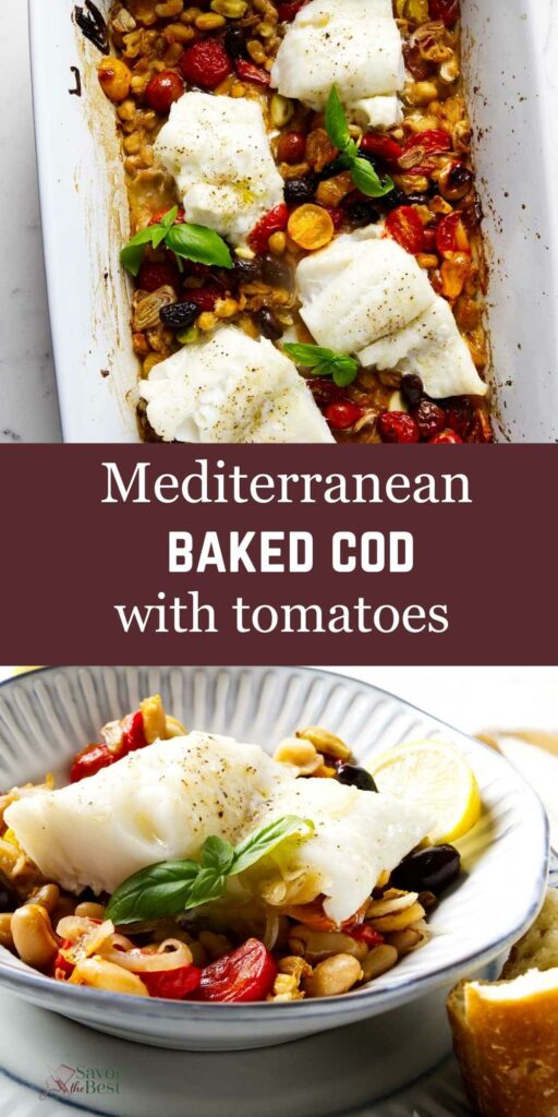 A dish of cod with tomatoes and herbs next to a slice of bread.