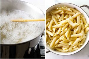 Boiling pasta in water then draining it in a colander.