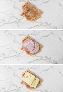 Three photos showing how to layer ham and cheese on chicken for cordon bleu.
