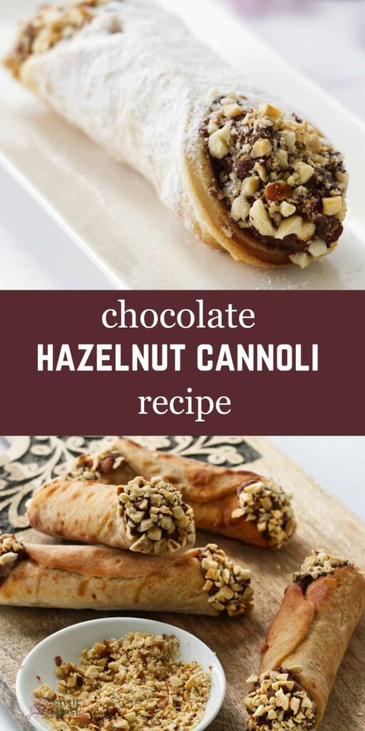 A hazelnut cannoli on a plate and 4 cannoli below.