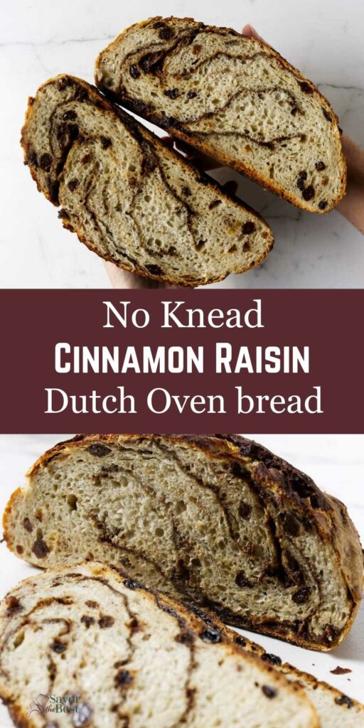 A sliced loaf of cinnamon raisin bread shown in two photos.
