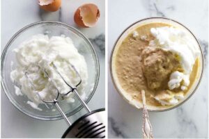 Two photos; beating egg whites to stiff peaks then folding egg whites into waffle batter.