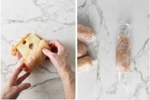 Rolling chicken in ham and cheese then wrapping it in plastic wrap.