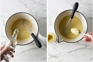 Adding wine and dijon mustard to the sauce for the chicken.