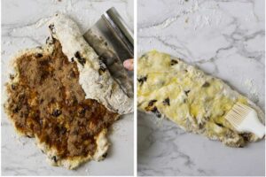 Using a bench scraper to roll raisin bread dough into a log an brush it with egg wash.