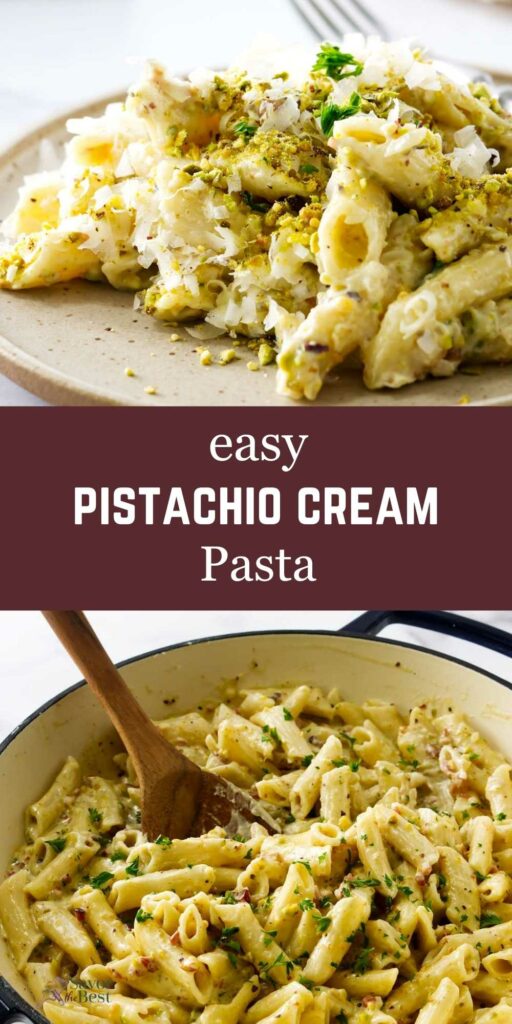 Pistachio cream sauce pasta on a dinner plate.