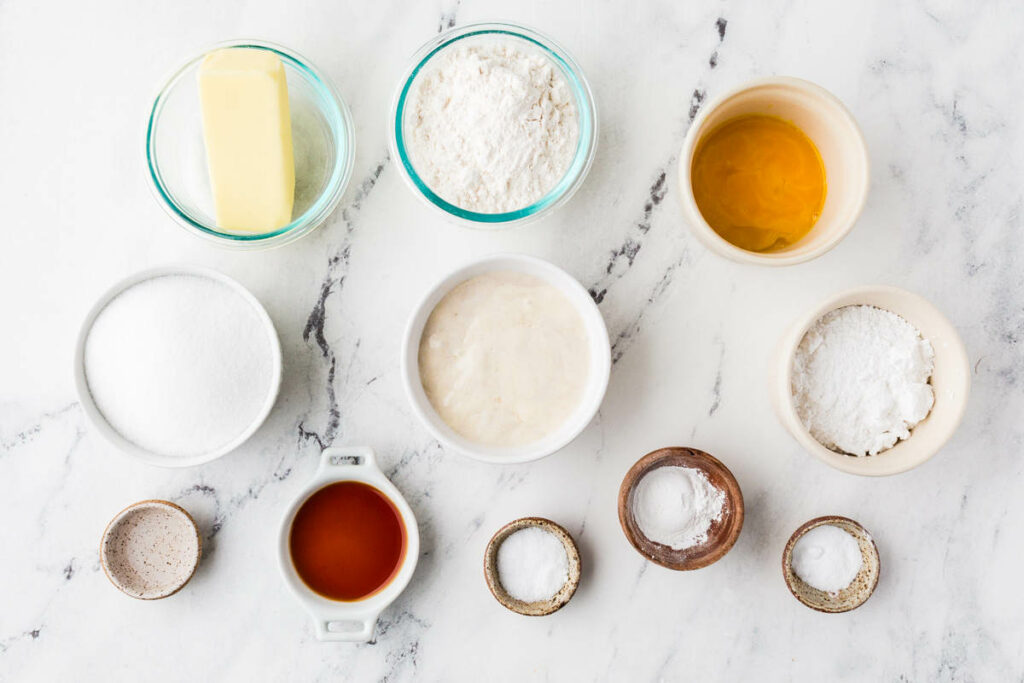 Ingredients used to make sourdough sugar cookies.