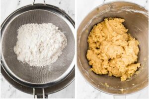 Two photos; sifting flour into a mixing bowl and showing the mixed cookie dough.