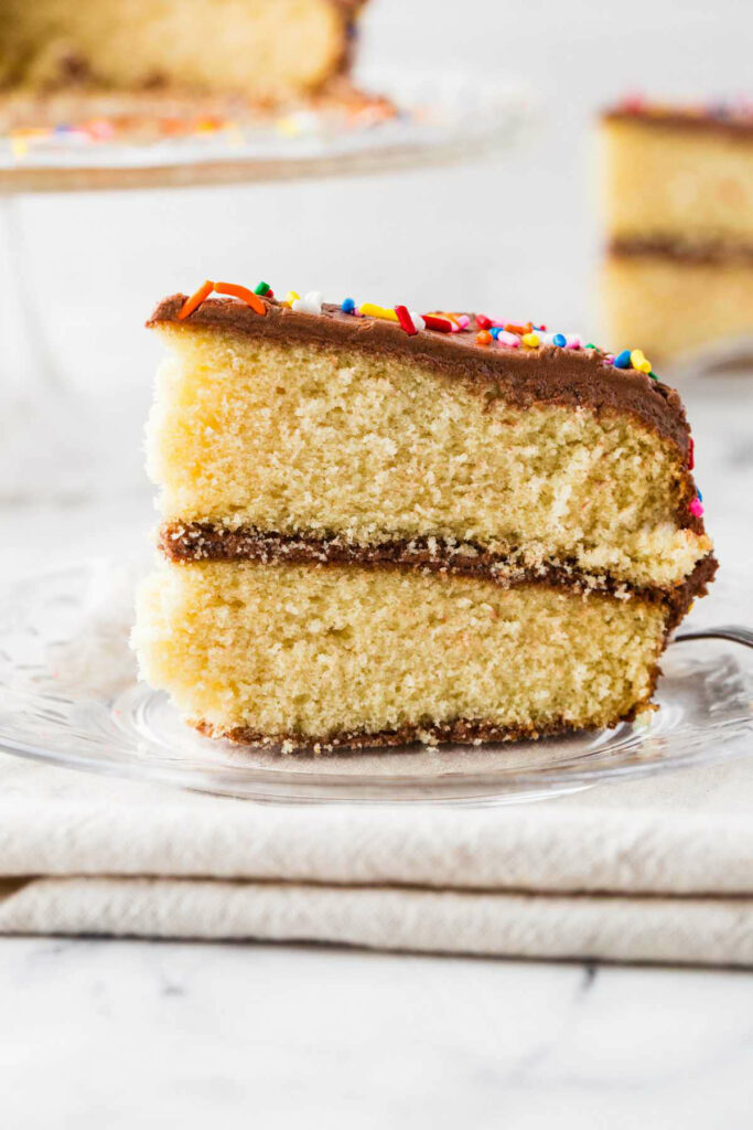 A slice of a vanilla layer cake made with sourdough.