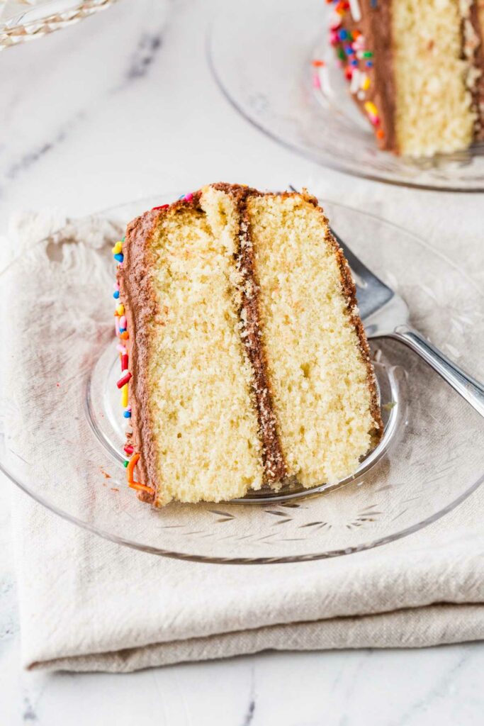 A slice of vanilla cake on its side on a plate.