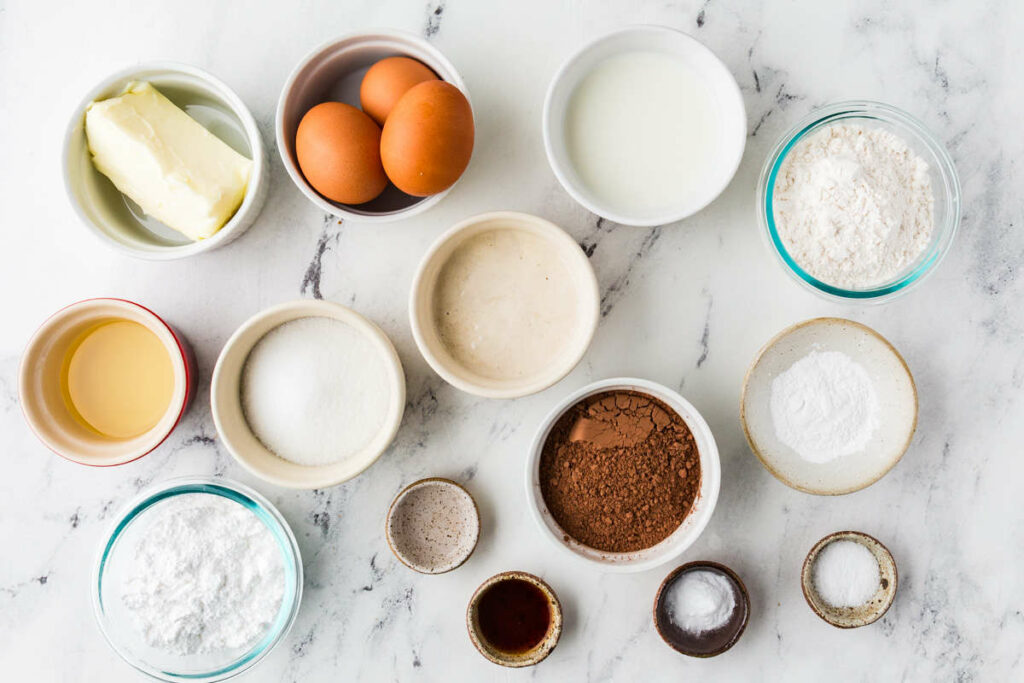 Ingredients used to make a sourdough discard vanilla cake.