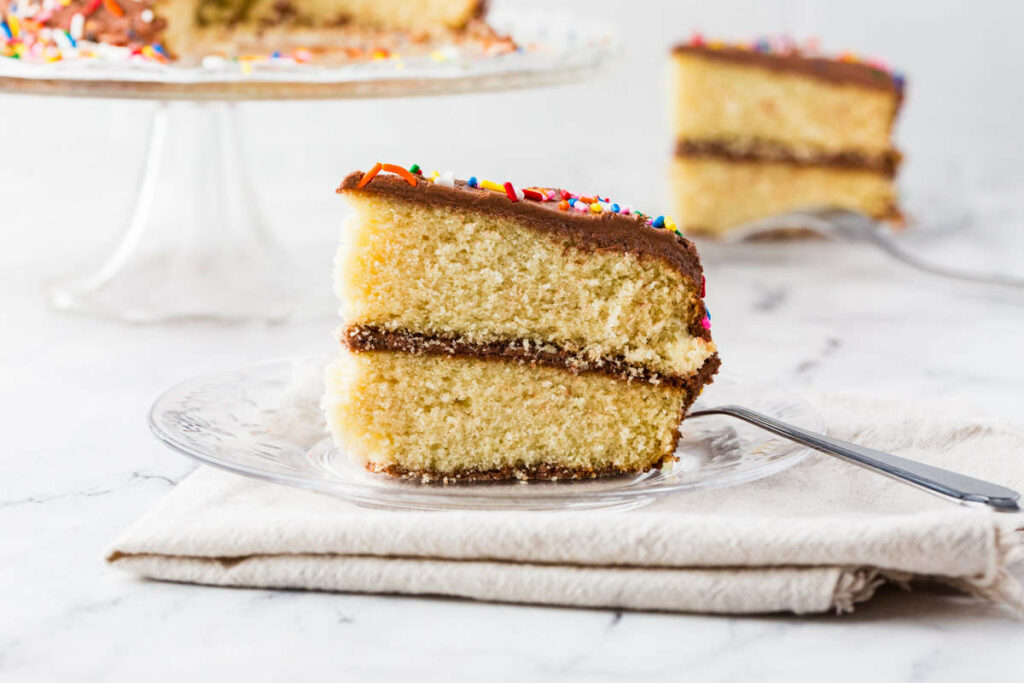 A slice of sourdough vanilla cake on a plate.