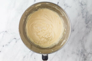 Cake batter in a mixing bowl.