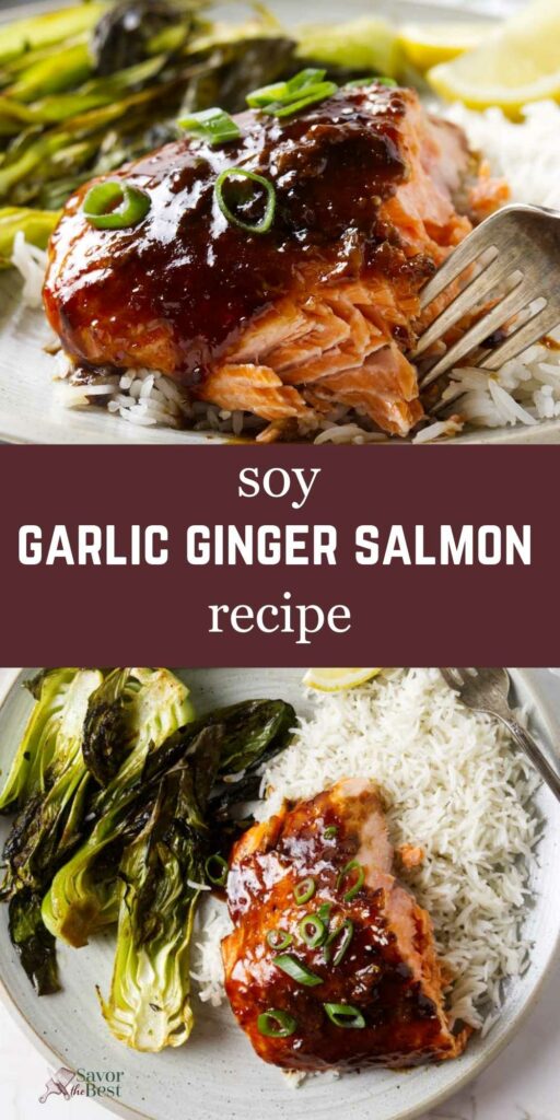 A piece of baked soy salmon on a bed of rice with bok choy.