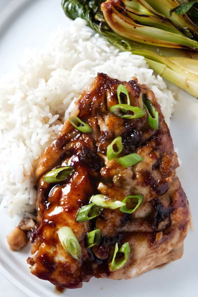 A asian rockfish fillet on a bet of white rice.