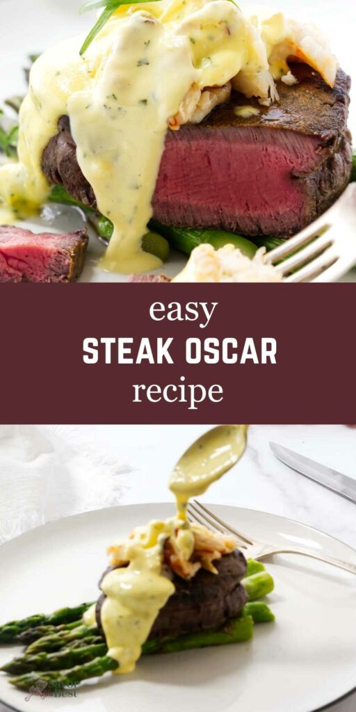 Drizzling bearnaise sauce over steak and crab.