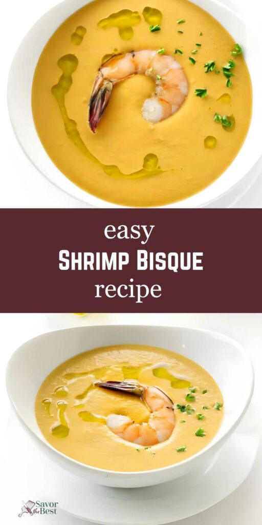 Two bowls of shrimp bisque with garnish and a banner reading easy Shrimp Bisque recipe.