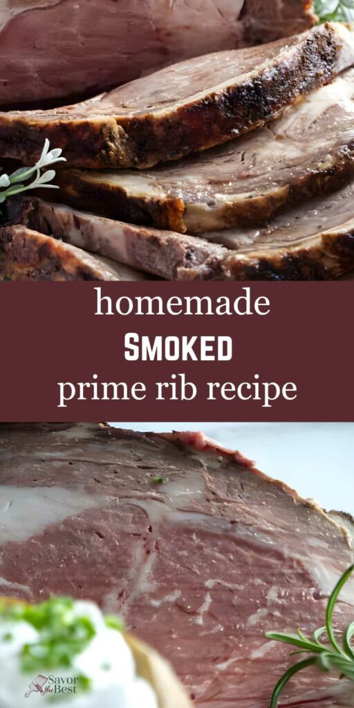 Sliced smoked prime rib with herbs, pink center and crust, recipe text overlay.