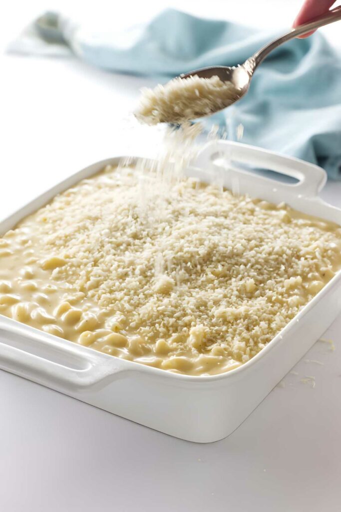 Hand sprinkles breadcrumbs onto macaroni and cheese in white baking dish.