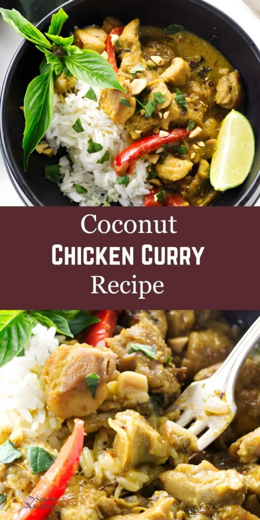 Coconut chicken curry with rice, basil, red pepper, lime, and a close-up forkful.